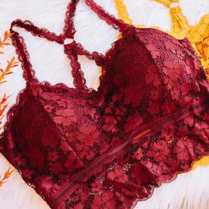 Lace Bralette Crisscross Back Burgundy